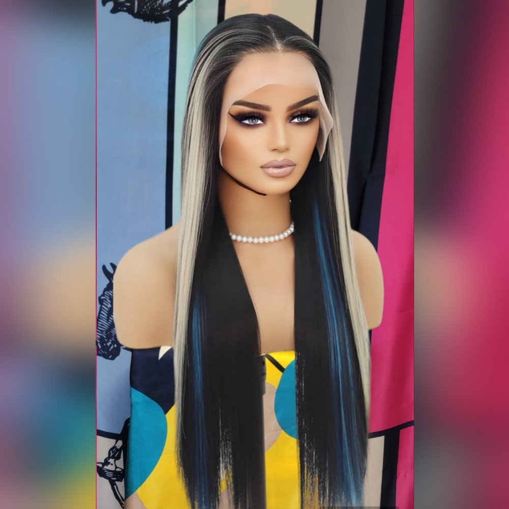 Celebrity Wowfactor Black blue blonde highlighted straight lace front wig